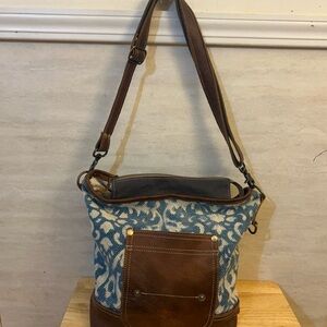 Myra Bags Blue Bliss Canvas, leather & Rug Shoulder Bag.